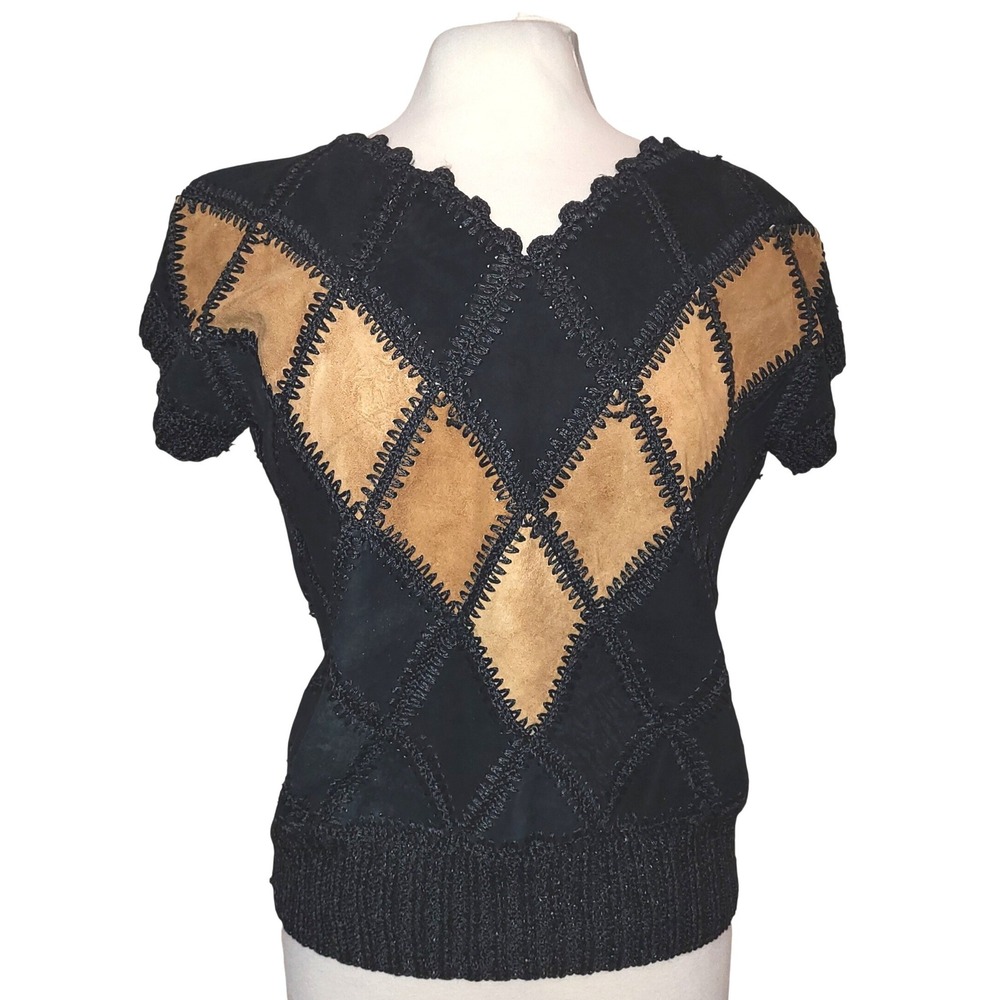 Unbranded Vintage 70s 80s Black Tan Crochet Suede Patchwork Unique Women's Top M